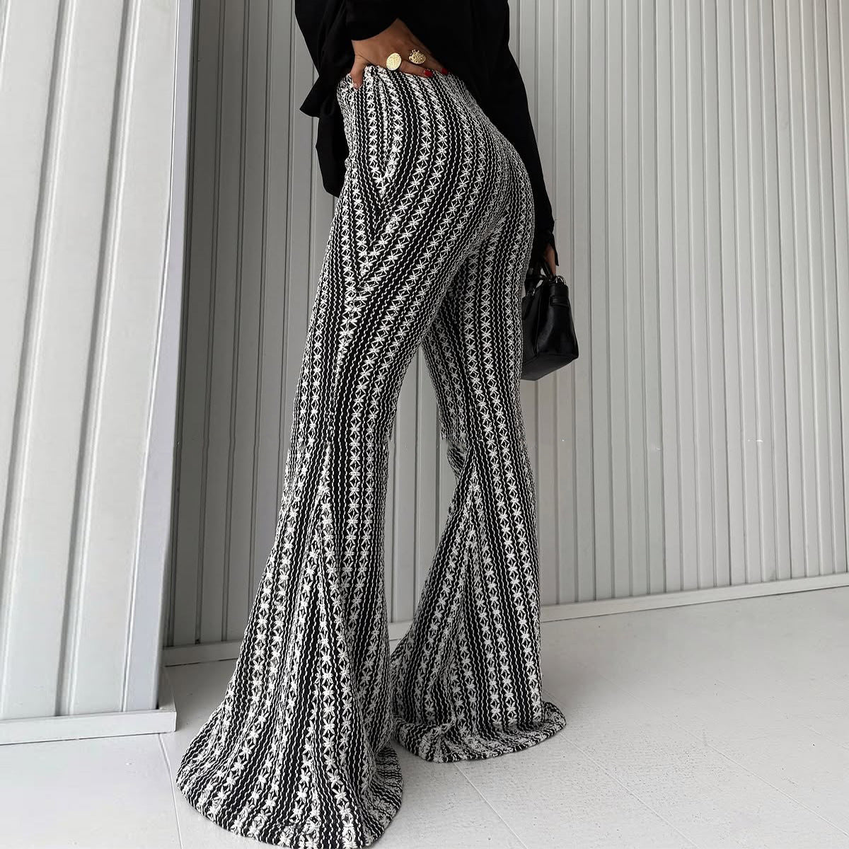 Slim-fit Striped Mid-rise Stretch Flare Pants In European And American Style