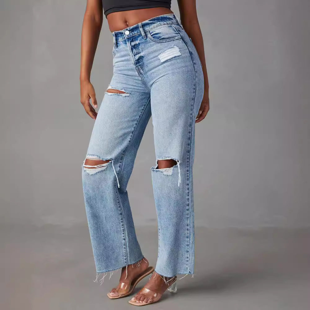 Ripped, Raw-Hem Denim Jeans Casual Washed Womens Straight-Leg Pants