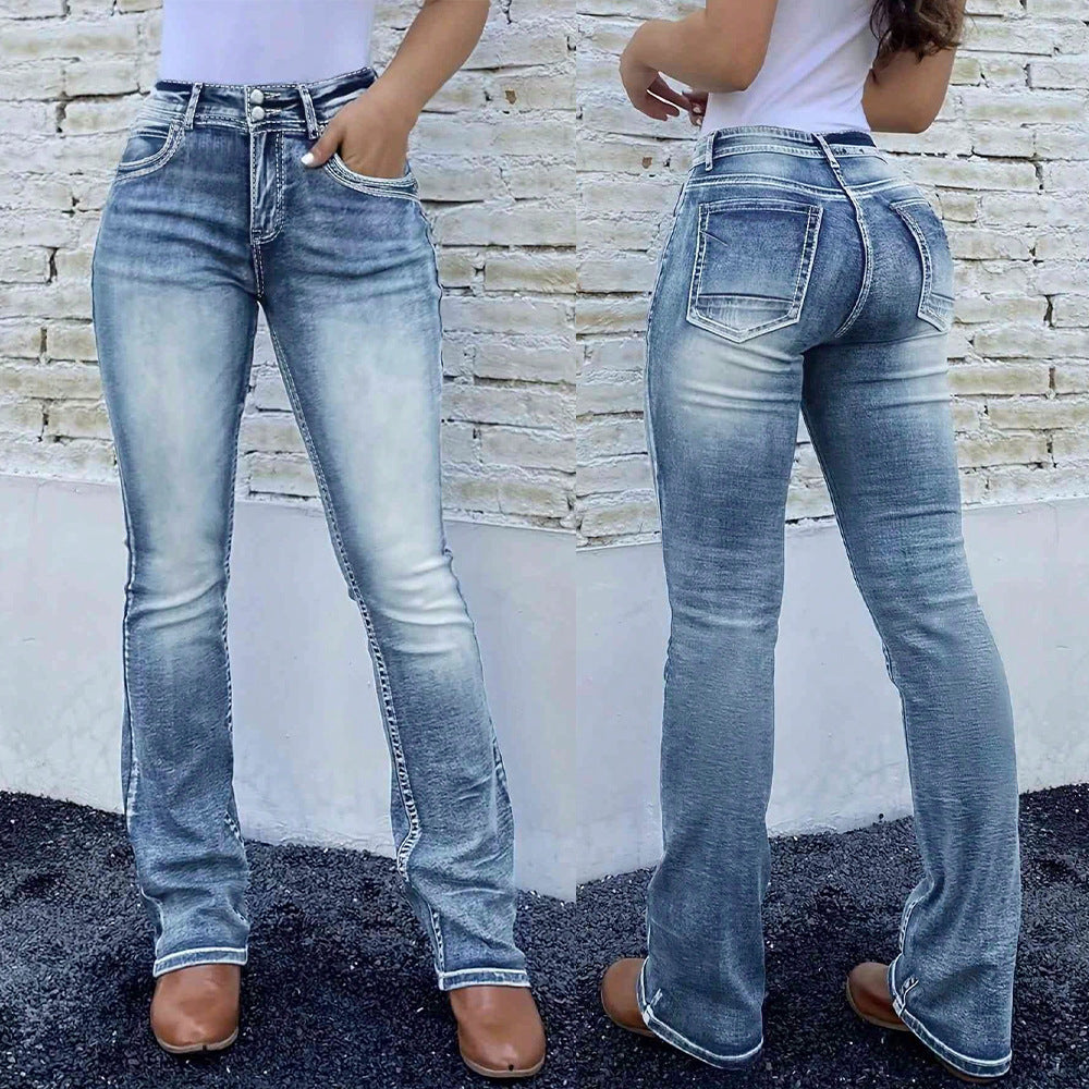 Retro Stretch Pocket Embroidery Patchwork Washed Denim Jeans