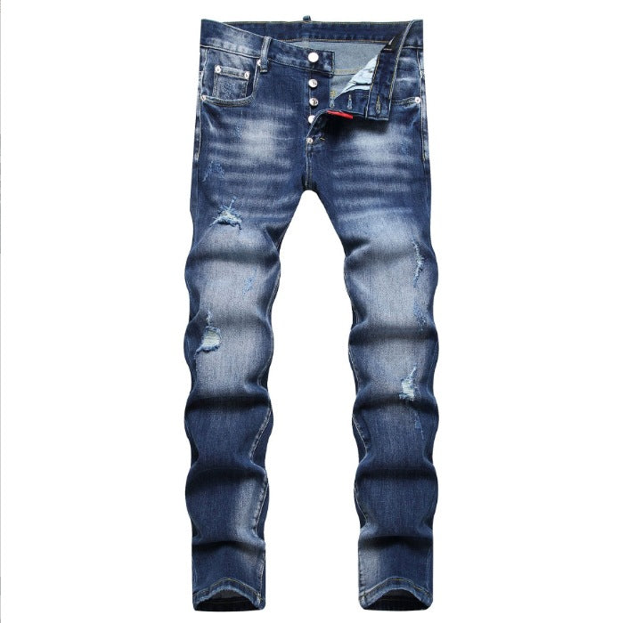 Fashionable Trendy Mens Slim-fit Denim Jeans With A Distressed Holey Design