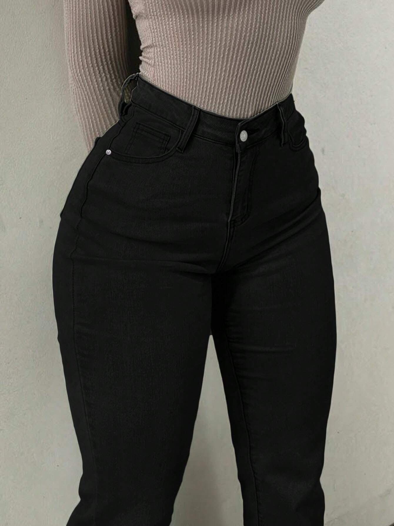 Stretchy High-Waist Solid-Color Plus-Size Denim Pants With Butt-Lifting And Slimming Design