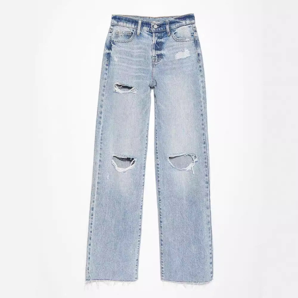 Ripped, Raw-Hem Denim Jeans Casual Washed Womens Straight-Leg Pants