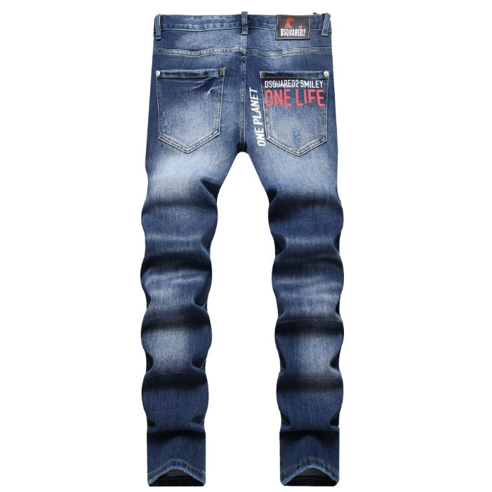 Fashionable Trendy Mens Slim-fit Denim Jeans With A Distressed Holey Design