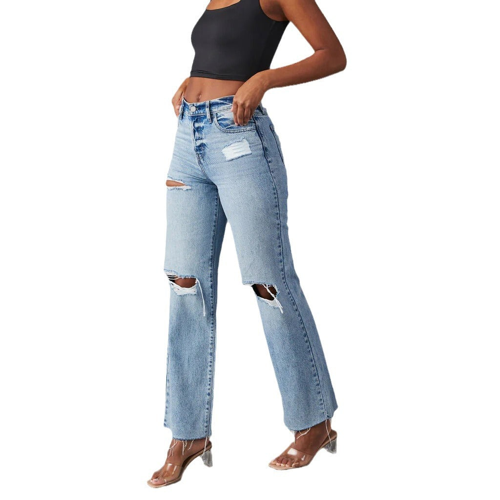 Ripped, Raw-Hem Denim Jeans Casual Washed Womens Straight-Leg Pants